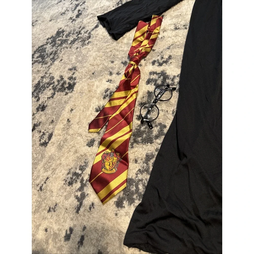 Harry Potter Gryffindor Robe Coat Glasses Tie Black Hooded Cosplay Sz Large Boys